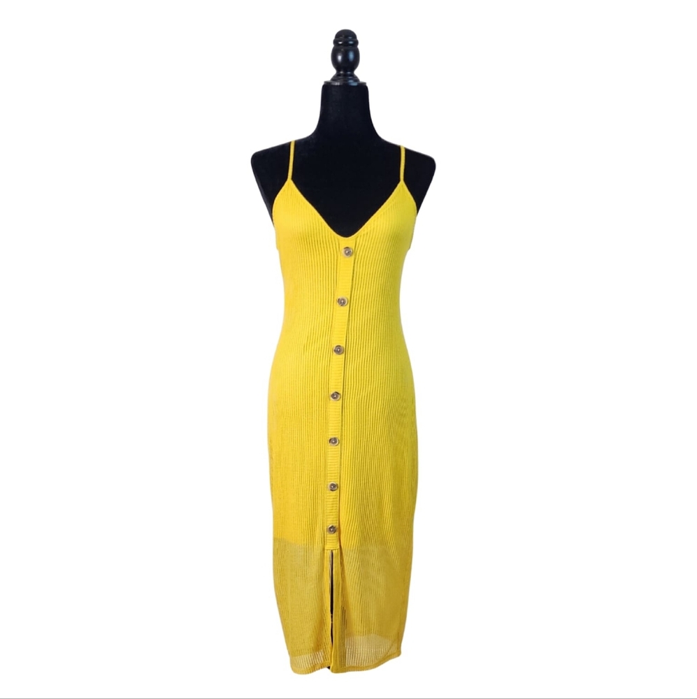 Express Yellow Ribbed Spaghetti Strap Midi Dress